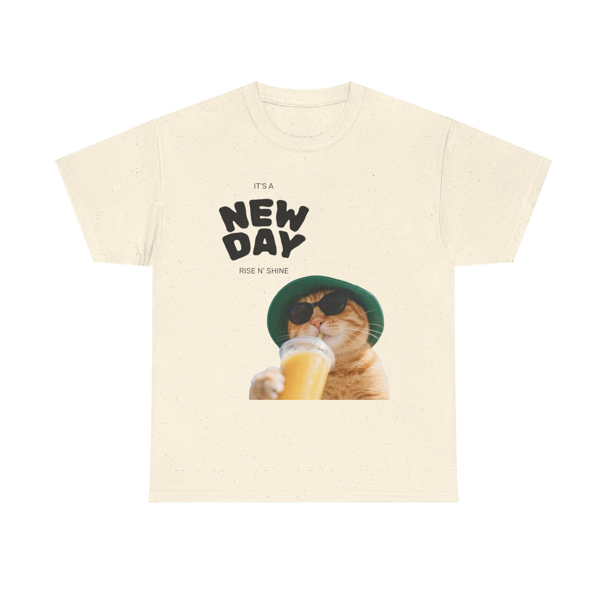 New Day Cat Tee — Graphic Cat Drinking Juice T-Shirt