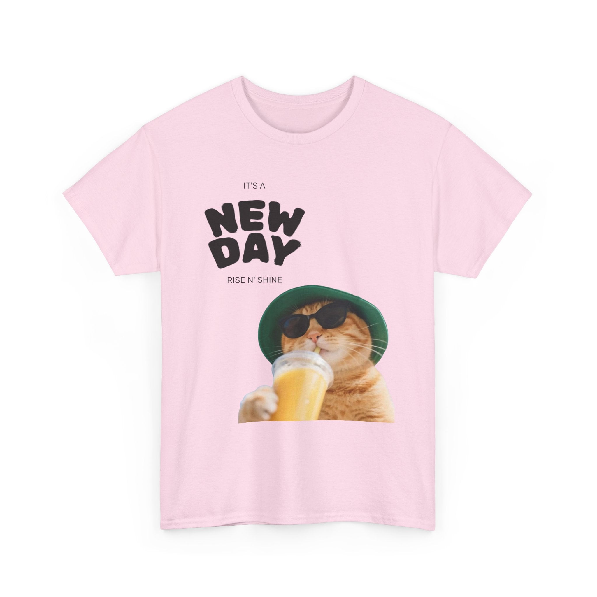 New Day Cat Tee — Graphic Cat Drinking Juice T-Shirt