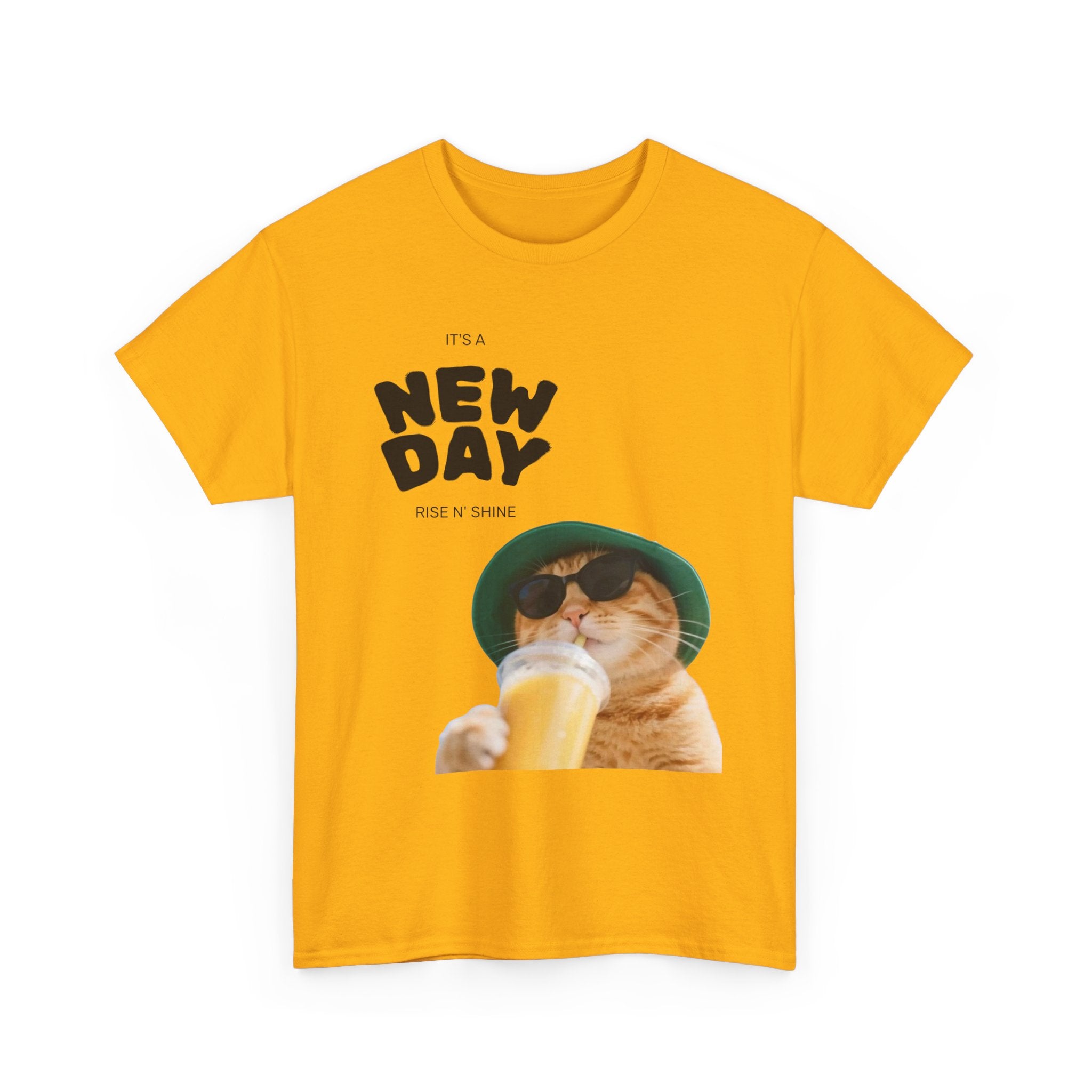New Day Cat Tee — Graphic Cat Drinking Juice T-Shirt