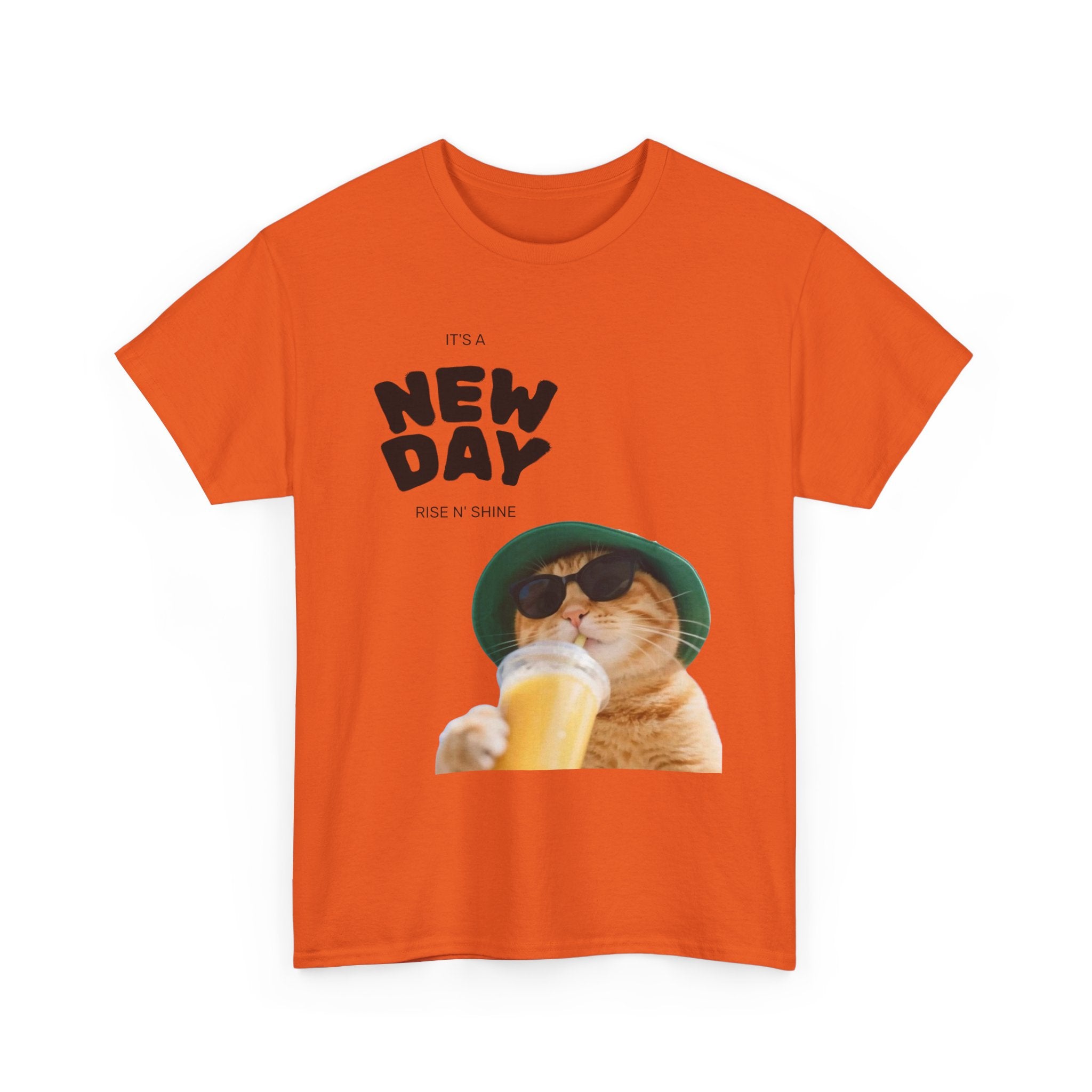 New Day Cat Tee — Graphic Cat Drinking Juice T-Shirt