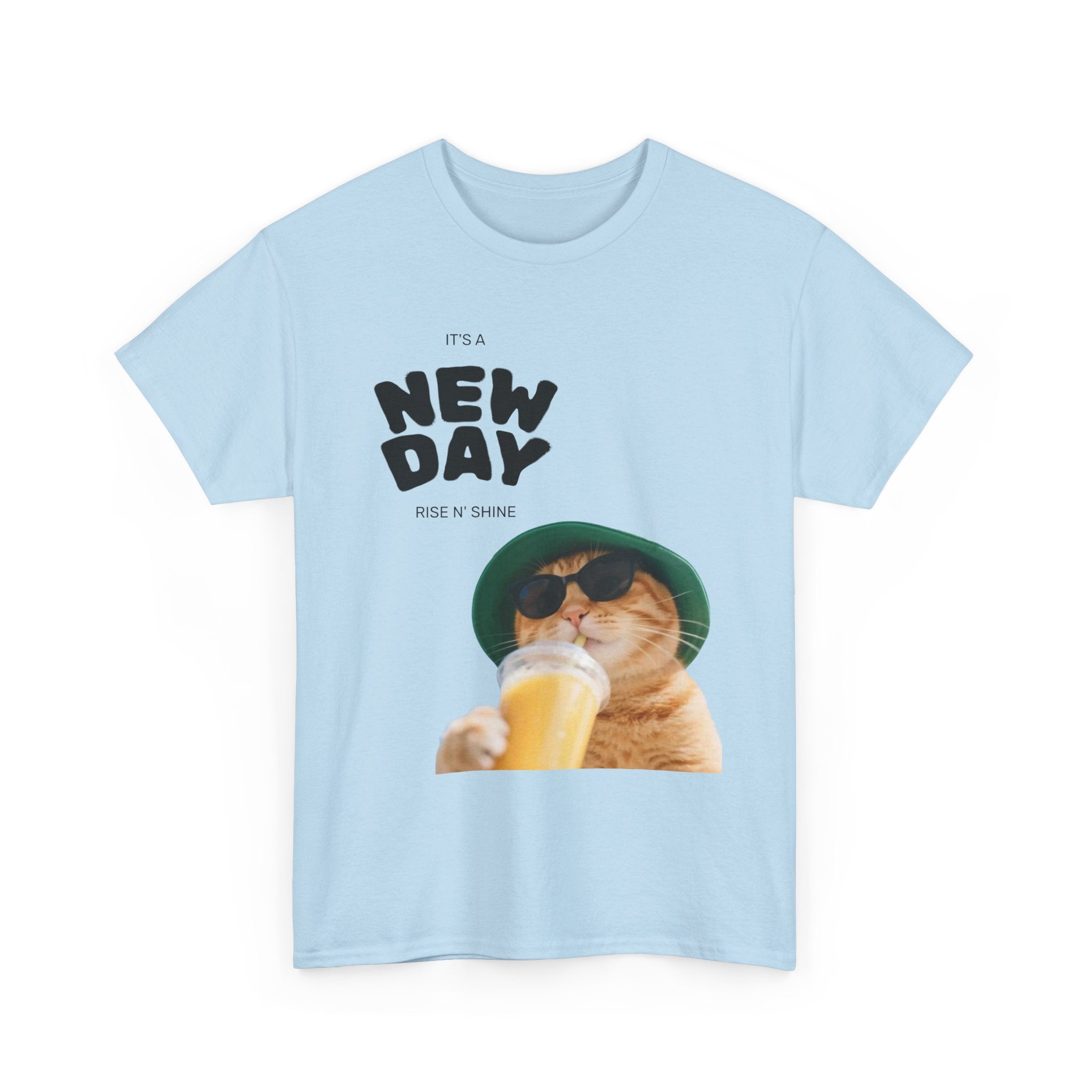 New Day Cat Tee — Graphic Cat Drinking Juice T-Shirt