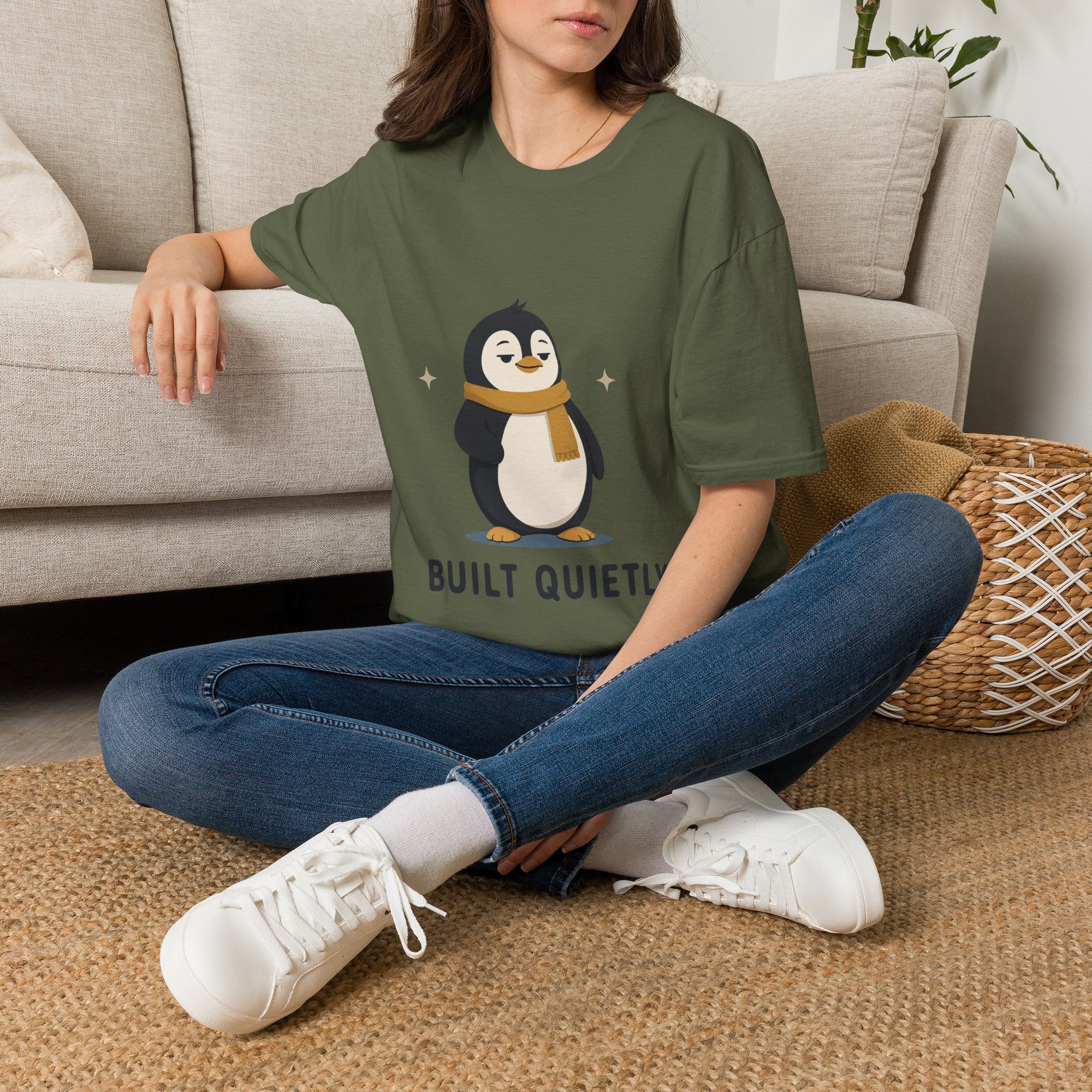 Penguin "Built Quietly" T-Shirt — Cute Cozy Penguin Graphic Tee