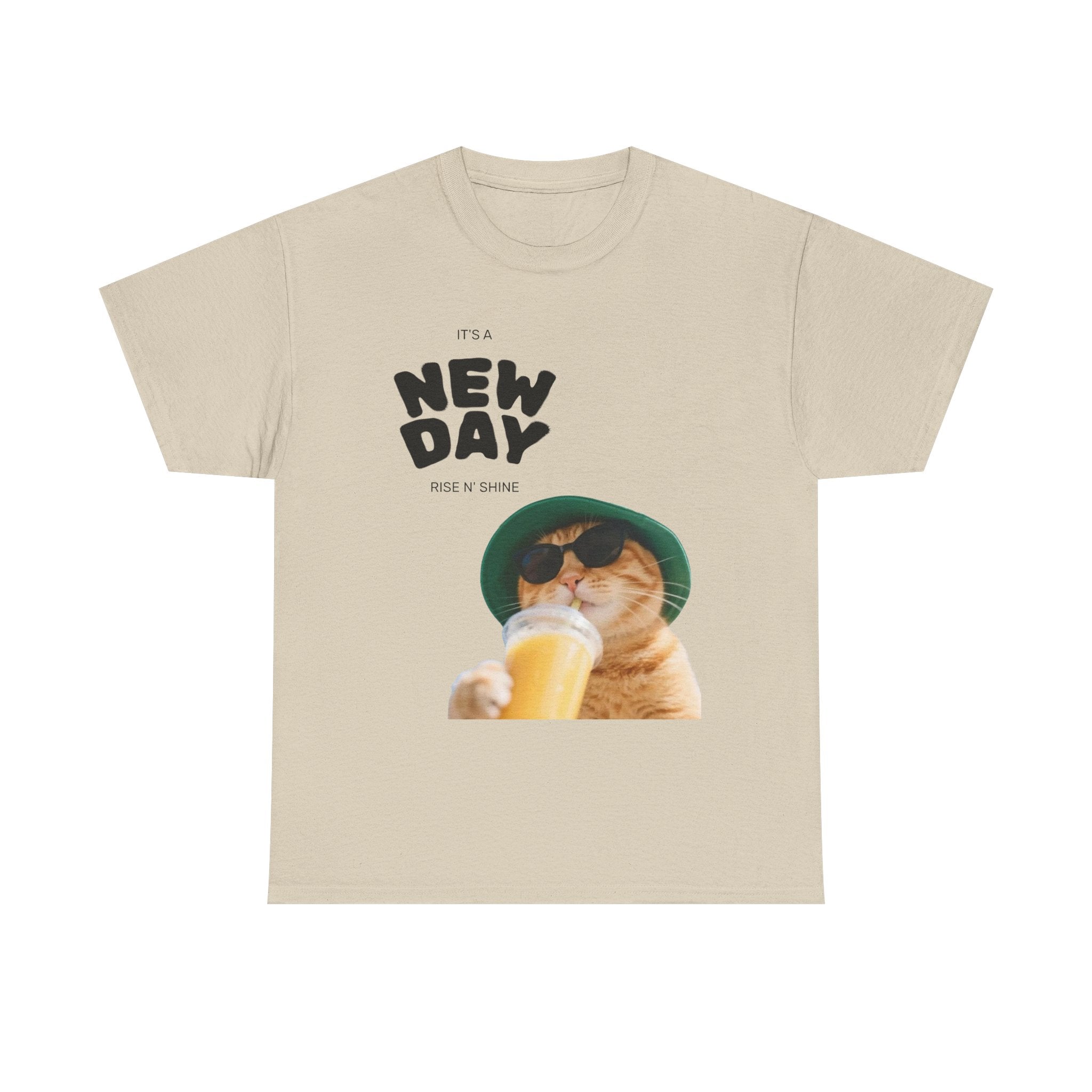 New Day Cat Tee — Graphic Cat Drinking Juice T-Shirt