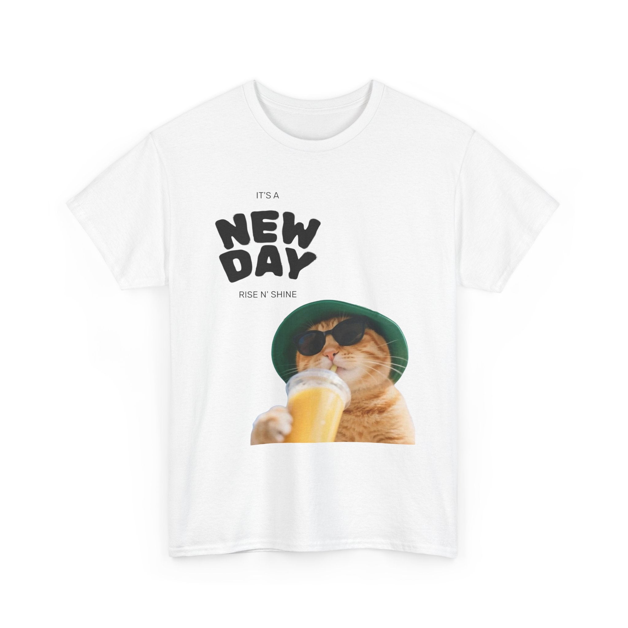 New Day Cat Tee — Graphic Cat Drinking Juice T-Shirt
