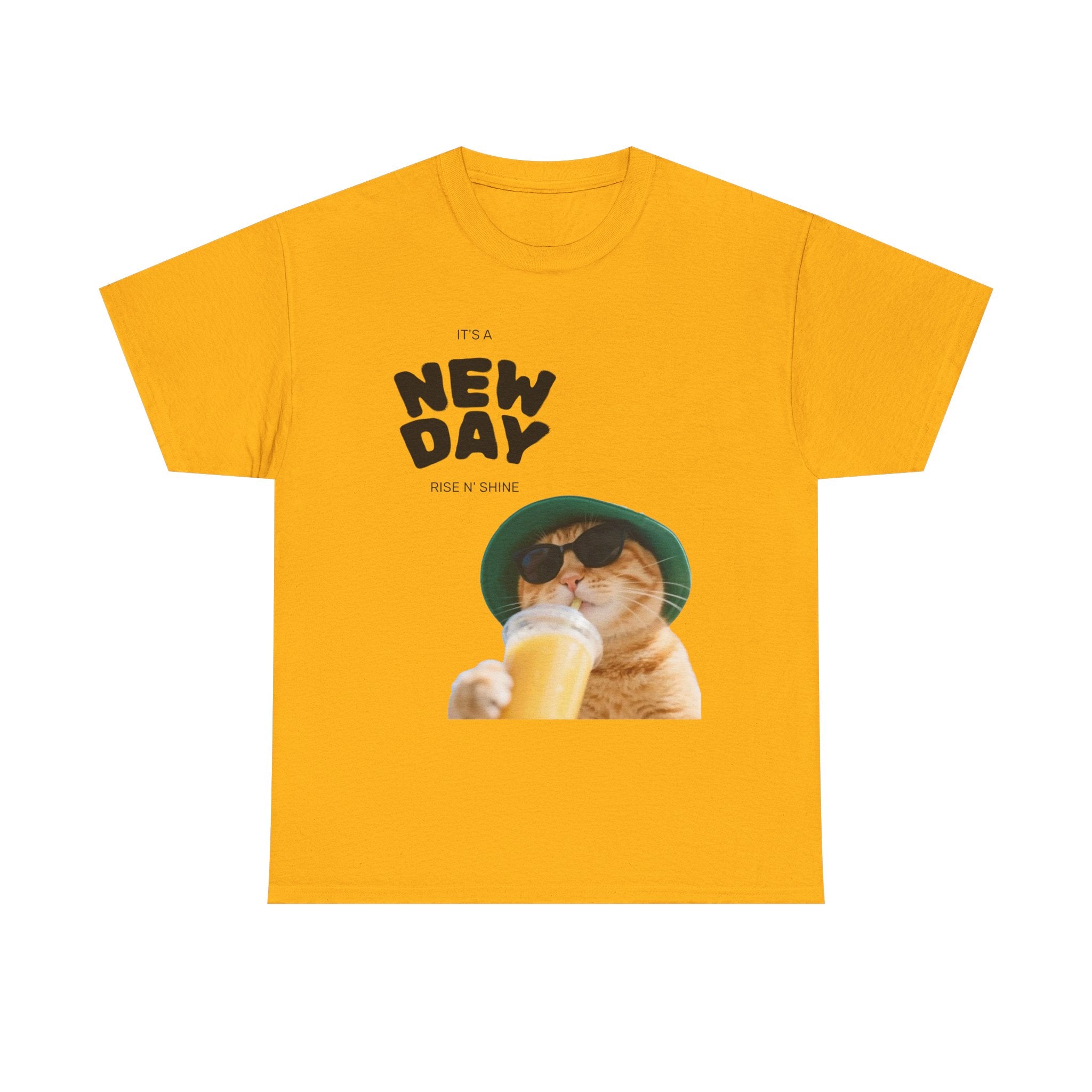 New Day Cat Tee — Graphic Cat Drinking Juice T-Shirt
