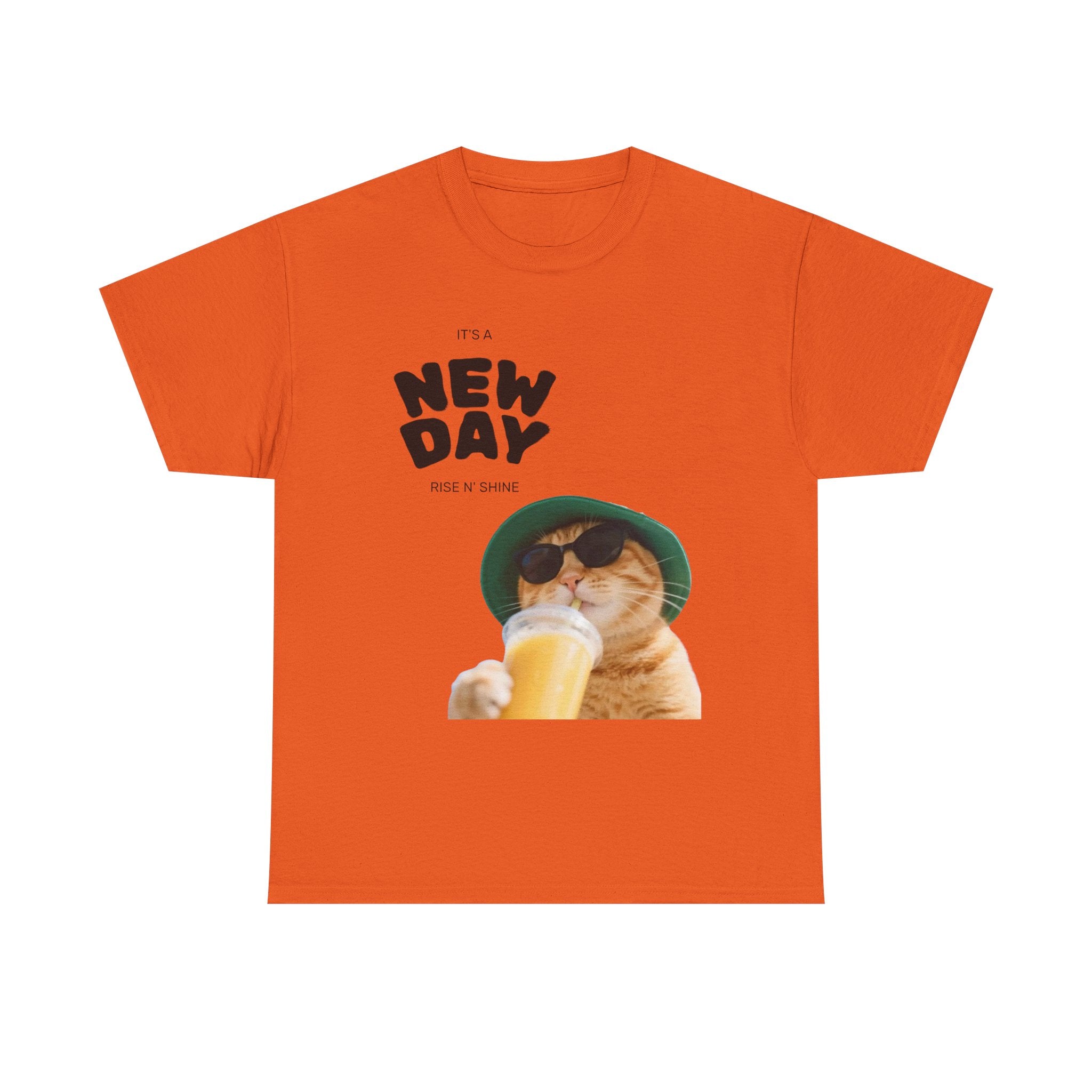 New Day Cat Tee — Graphic Cat Drinking Juice T-Shirt