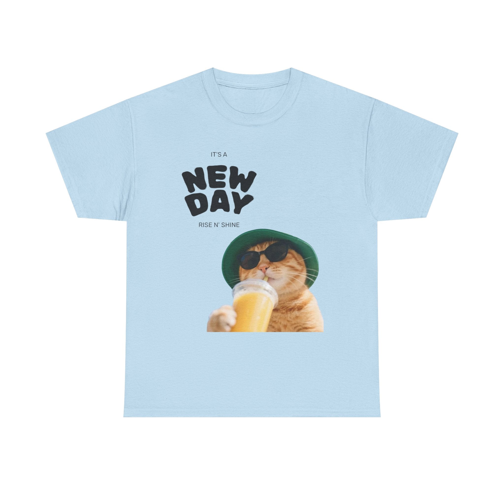 New Day Cat Tee — Graphic Cat Drinking Juice T-Shirt