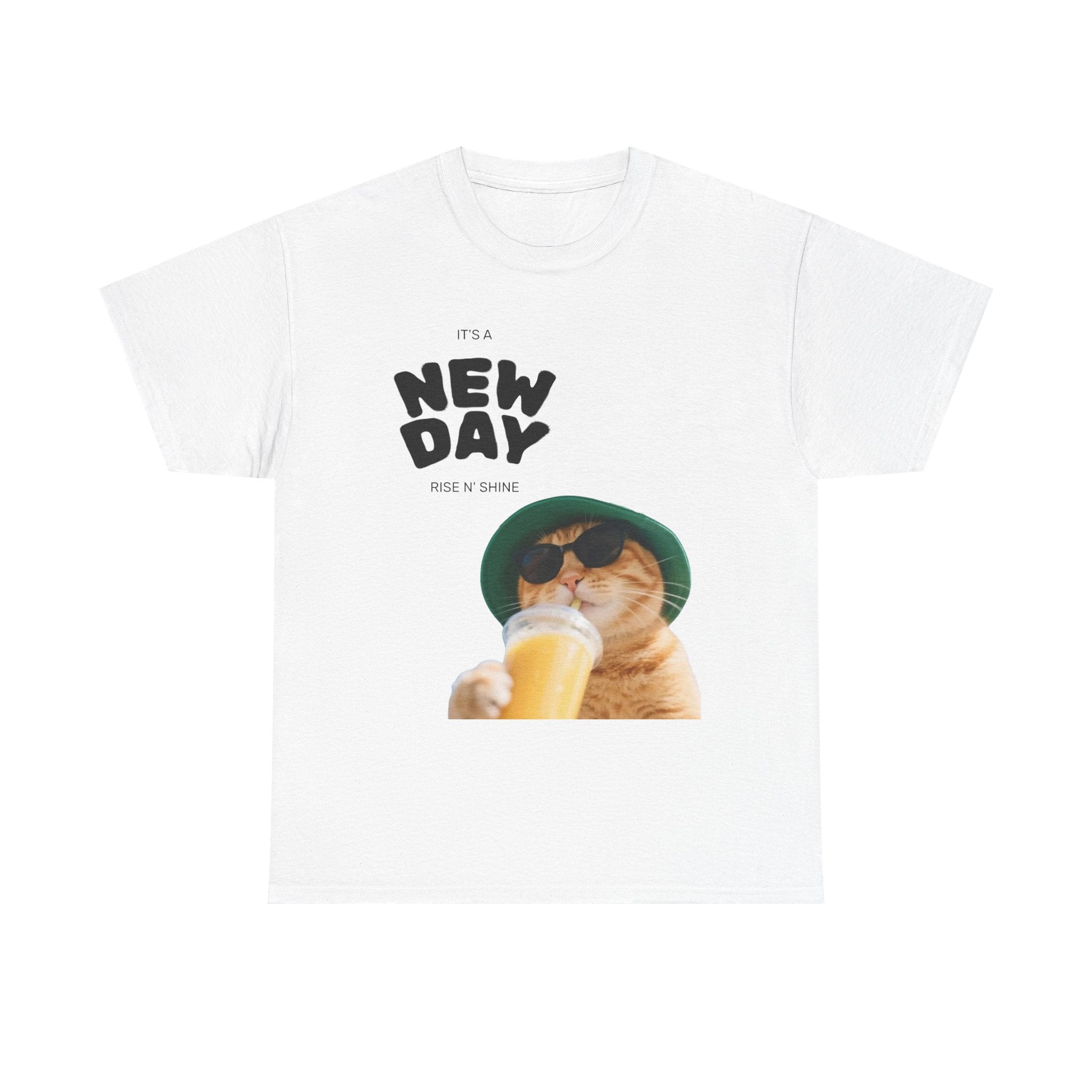 New Day Cat Tee — Graphic Cat Drinking Juice T-Shirt