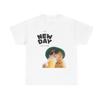 New Day Cat Tee — Graphic Cat Drinking Juice T-Shirt