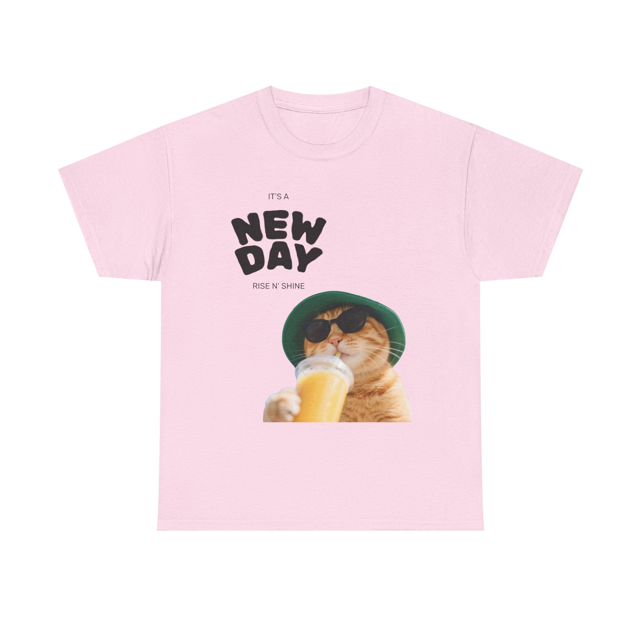 New Day Cat Tee — Graphic Cat Drinking Juice T-Shirt