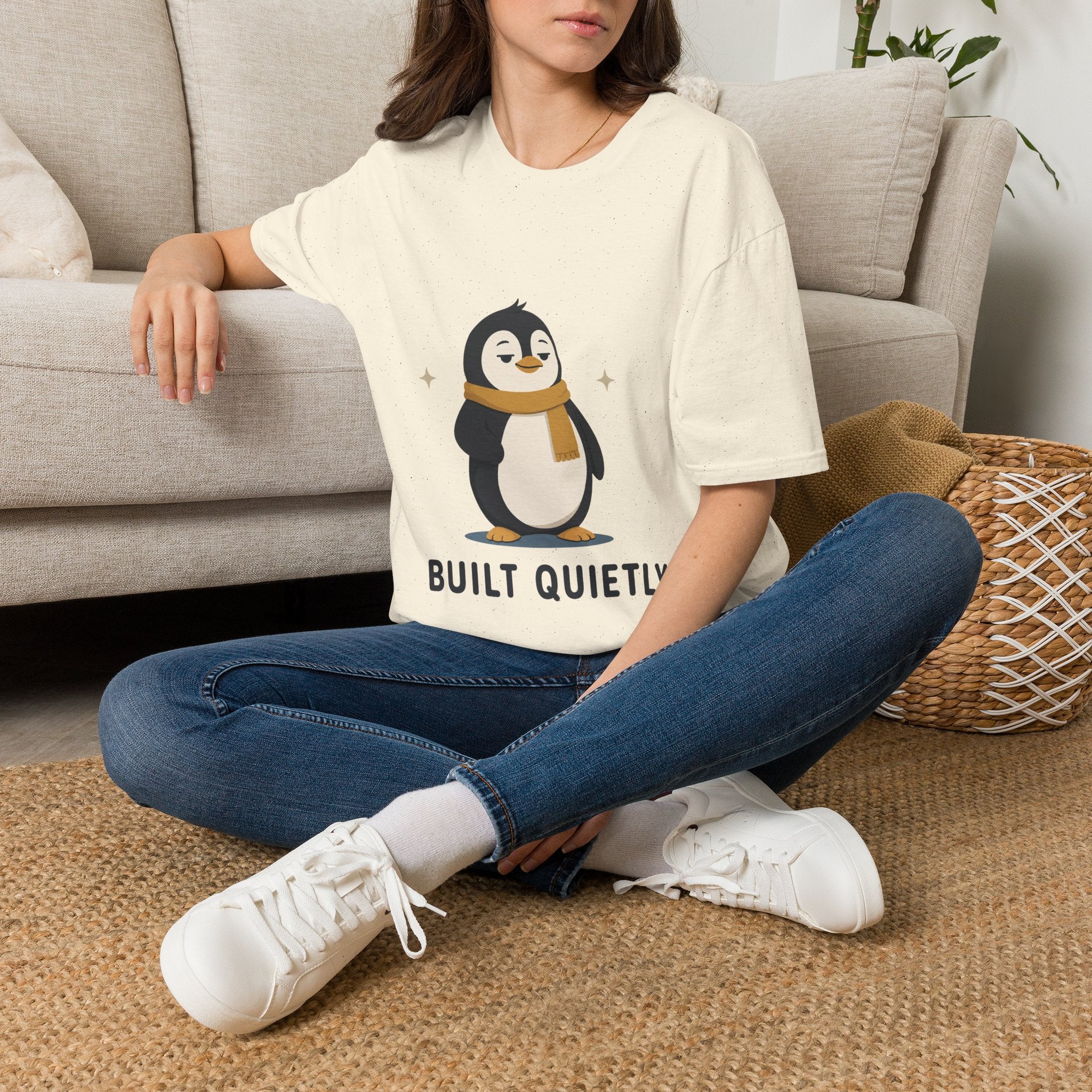 Penguin "Built Quietly" T-Shirt — Cute Cozy Penguin Graphic Tee