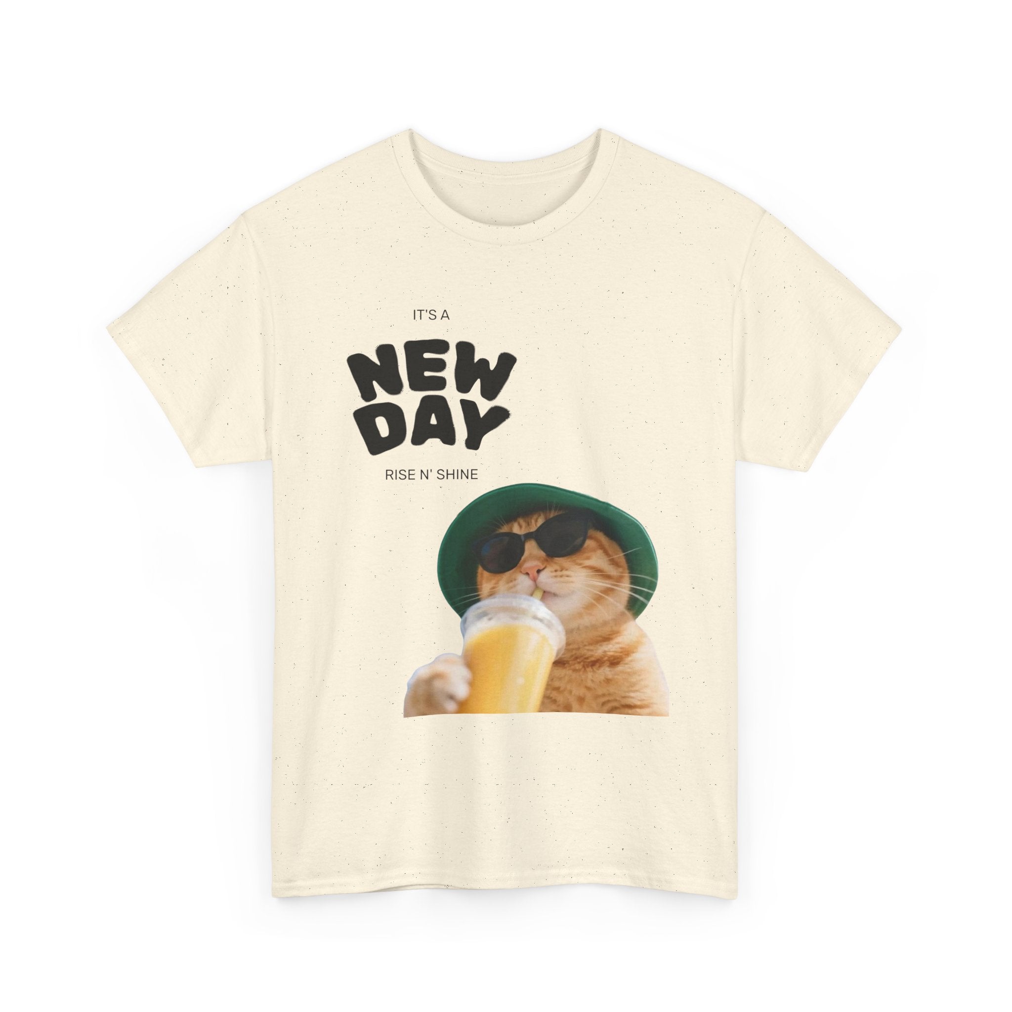 New Day Cat Tee — Graphic Cat Drinking Juice T-Shirt