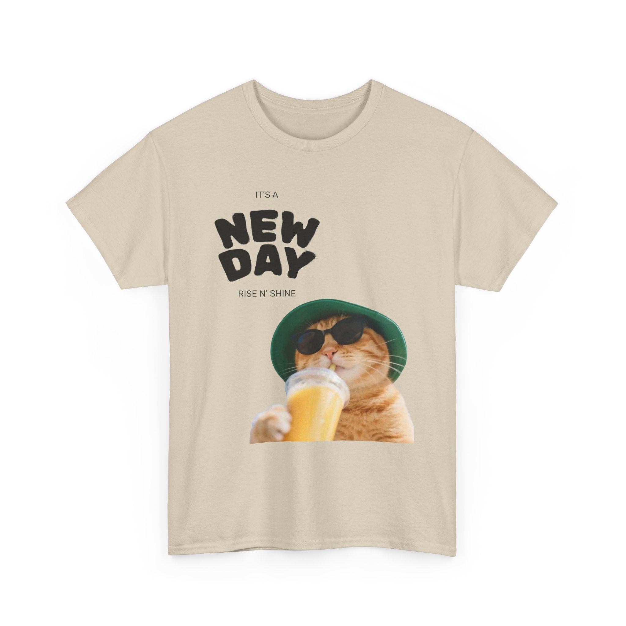 New Day Cat Tee — Graphic Cat Drinking Juice T-Shirt